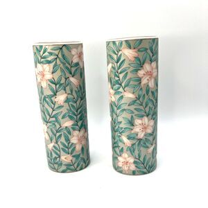 Pair Of Vtg Otagiri Serenade 6.25" Pink Flowers Teal, Silver Bud Vases